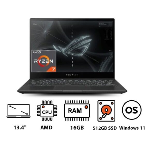 Asus ROG Flow X13 GV301RC-LJ062W Laptop, AMD Ryzen R7-6800HS, 512GB SSD, 16GB RAM, 13.4 Inch 51FHD WUXGA Plus, 120Hz, NVIDIA GeForce RTX 3050, Windows 11 ( لاب توب اسوس روج فلو X13 GV301RC-LJ062W، ايه ام دي رايزن R7-6800HS، سعة 512 جيجا SSD، رام 16 جيجا، شاشة 13.4 بوصة FHD بلس، بمعدل تحديث 120 هرتز، كارت شاشة انفيديا جي فورس RTX 3050، ويندوز 11)